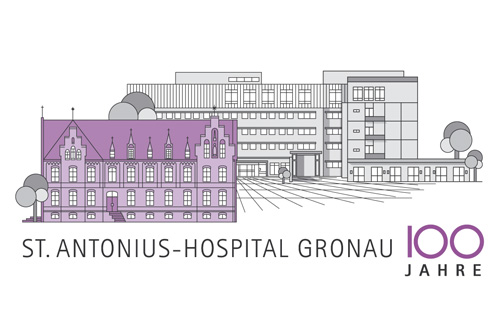 Illustration: Altes und neues Krankenhausgebäude für ein Jubiläumslogo