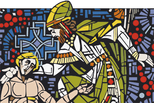 Illustration: "Der Barmherzige Samariter" als Kirchenfenster